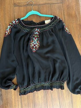Scoop Silk Black Embroidered Peasant Blouse